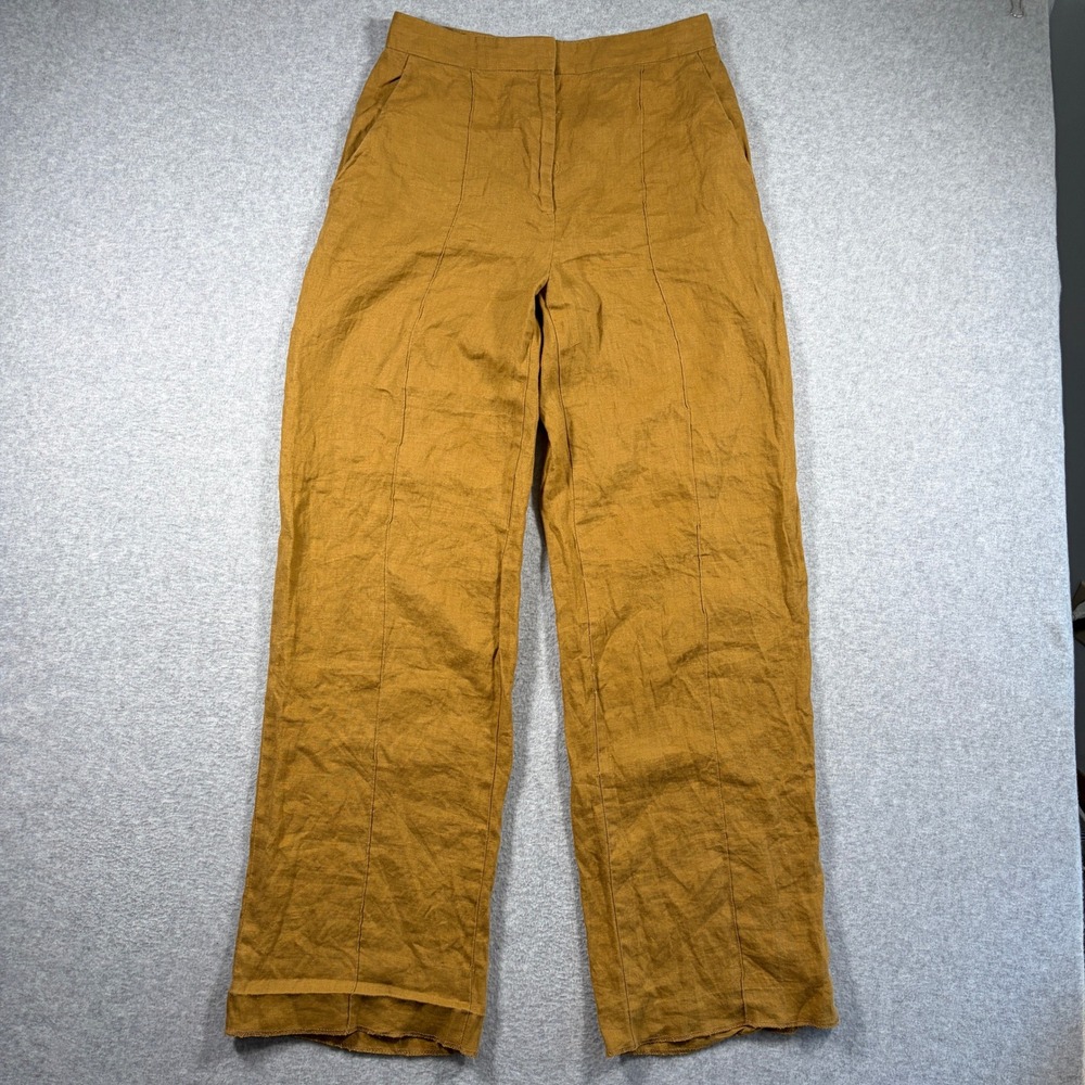 Zara Pants Women Medium 100% Linen Wide Leg High Rise Trousers Yellow